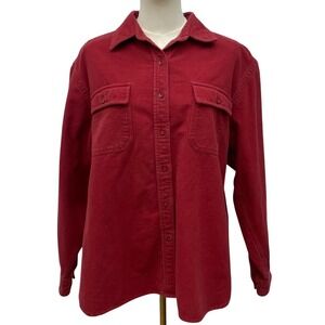 LL Bean Shacket Overshirt Womens L Red Cotton Utility Button Front